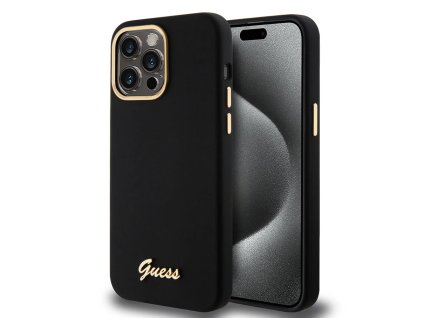 89322 guess silicone script metal logo frame kryt na iphone 15 pro max cierna