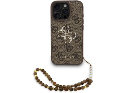 109986 guess hardcase 4g classic logo s popruhom obal na iphone 16 pro max hnedy