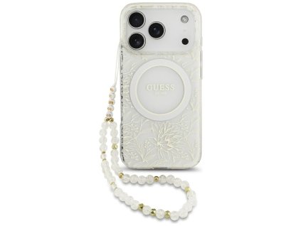 112074 guess iml flowers allover electroplated with pearl strap magsafe puzdro pre iphone 17 pro biele