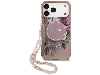 112059 guess iml flowers with pearl strap magsafe puzdro pre iphone 17 pro max ruzove