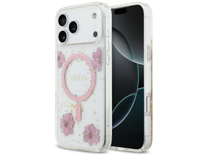 111888 guess resin flowers and glitter magsafe puzdro pre iphone 17 pro max ruzove