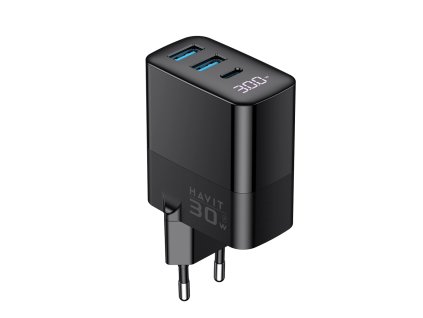 116658 havit wall charger ucle001 eu sietova nabijacka 2 usb usb c 30w gan technologia cierna