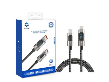 118341 lito data cable datovy a nabijaci kabel usb c na usb c high speed charge 100 w s led displejom 1 2 m cierny