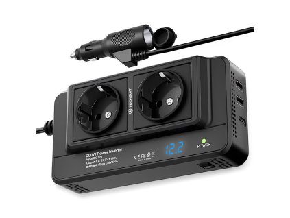 118440 techsuit car power inverter powerdrivex menic napatia do auta s usb c 2 usb a a 2 ac zasuvkou 220 v 200 w cierny