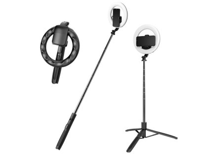 119431 techsuit selfie stick q05s selfie tyc so stabilnym stativom bluetooth dialkove ovladanie kruhove led svetlo nehrdzavejuca ocel 170 cm cierna