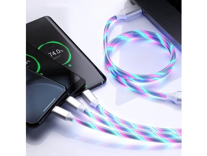 LED svietiaci rýchlonabíjací + data USB kábel 3v1 pre iPhone/Android 1,2M (Barva Modrá)