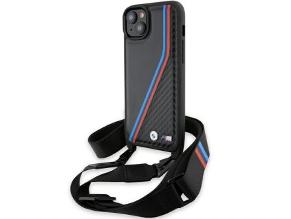57207 bmw kryt leather m edition s karbonovymi trojfarebnymi pruhmi a remienkom pre iphone 15 plus cierny