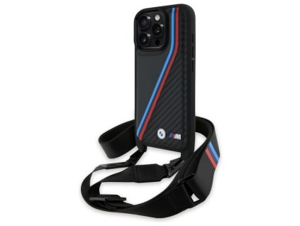 57234 bmw kryt leather m edition s karbonovymi trojfarebnymi pruhmi a remienkom pre iphone 16 pro cierny