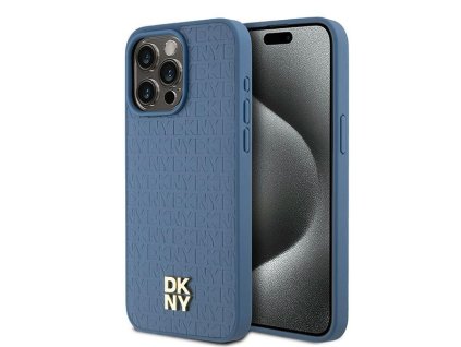 46833 dkny kozeny kryt na iphone 15 pro max s monogramovym vzorom a kovovym logom a magsafe dkhmp15xpshrpsb modry
