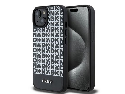 46863 dkny kozeny kryt na iphone 15 s potlacenym vzorom a kovovym logom a magsafe dkhmp15spsospk cierny