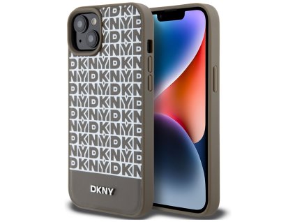 46899 1 dkny kozeny kryt na iphone 15 s potlacenym vzorom a kovovym logom a magsafe dkhmp15spsospw hnedy