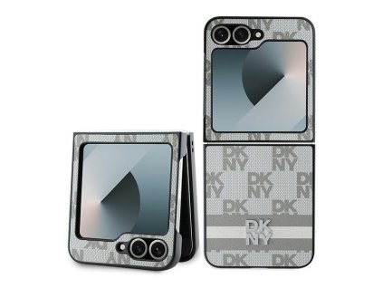 57636 dkny kozeny kryt s karovanym vzorom a potlacou pruhov pre samsung galaxy z flip6 bezovy