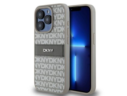57630 dkny kozeny kryt s monovzorom pruhom a kovovym logom pre iphone 15 pro max bezovy