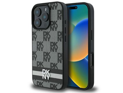 49365 dkny kozeny obal sachovnicovy vzor a potlacene pruhy dkhcp16lpcptssk iphone 16 pro cierny