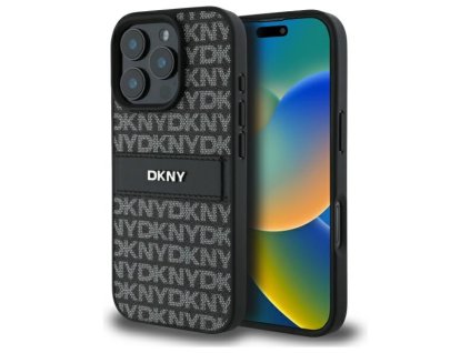 47103 dkny kozeny pevny kryt na iphone 16 pro max s texturovanym vzorom a tonovanym pruhom dkhcp16xprthslk cierny