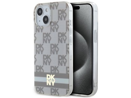 47040 dkny pevny kryt na iphone 15 plus s sachovnicovym monovzorom a potlacenymi pruhmi a magsafe dkhmp15mhcptse bezovy