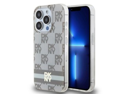 47013 dkny pevny kryt na iphone 15 pro max s sachovnicovym monovzorom a potlacenymi pruhmi a magsafe dkhmp15xhcptse bezovy