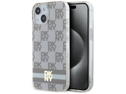 47046 dkny pevny kryt na iphone 15 s sachovnicovym monovzorom a potlacenymi pruhmi a magsafe dkhmp15shcptse bezovy