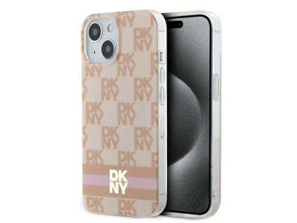 47025 dkny pevny kryt na iphone 15 s sachovnicovym monovzorom a potlacenymi pruhmi a magsafe dkhmp15shcptsp ruzovy