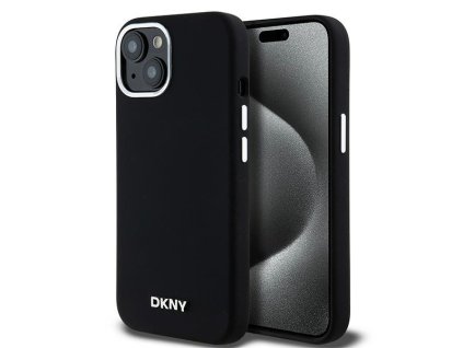 46926 dkny pevny silikonovy kryt na iphone 15 plus s malym kovovym logom a magsafe dkhmp15msmchlk cierny