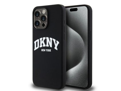 46806 dkny pevny silikonovy kryt na iphone 15 pro max s bielym potlacenym logom a magsafe dkhmp15xsnyach cierny
