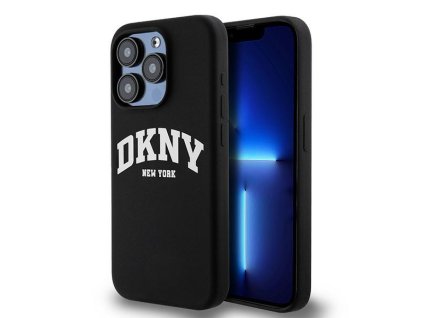 46791 dkny pevny silikonovy kryt na iphone 15 pro s bielym potlacenym logom a magsafe dkhmp15lsnyach cierny