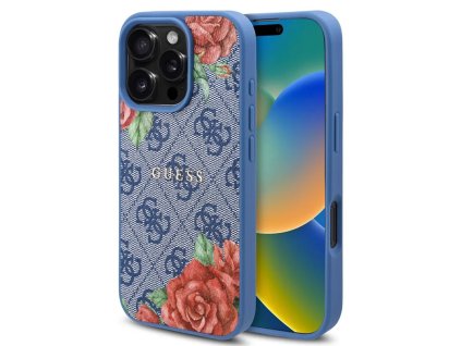 48879 guess hardcase 4g flower print magsafe guhmp16lp4ropemcb kryt na iphone 16 pro modry kvetinovy dizajn