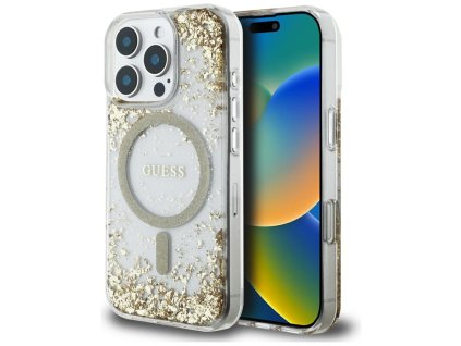 55065 guess hardcase resin bottom glitter magsafe guhmp16lrgrged tvrde puzdro s glitrovou zivicovou spodnou castou a magsafe pre iphone 16 pro zlate