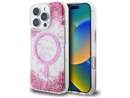 55080 guess hardcase resin bottom glitter magsafe guhmp16lrgrgep tvrde puzdro s glitrovou zivicovou spodnou castou a magsafe pre iphone 16 pro ruzove
