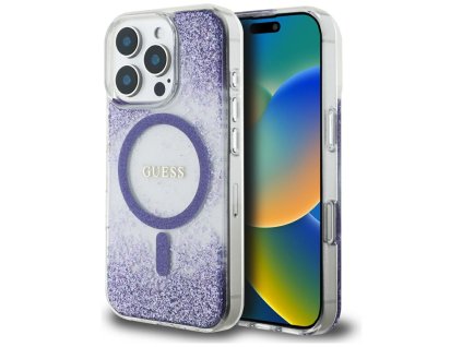 55071 guess hardcase resin bottom glitter magsafe guhmp16lrgrgeu tvrde puzdro s glitrovou zivicovou spodnou castou a magsafe pre iphone 16 pro fialove