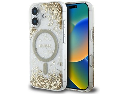55542 guess hardcase resin bottom glitter magsafe guhmp16srgrged tvrde puzdro s glitrovou zivicovou spodnou castou a magsafe pre iphone 16 zlate