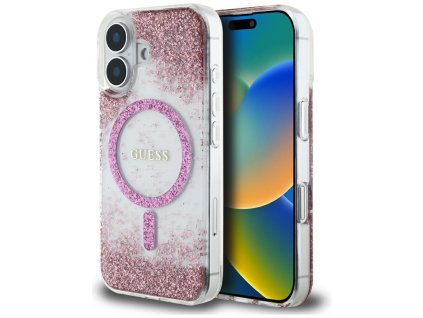 55077 guess hardcase resin bottom glitter magsafe guhmp16srgrgep tvrde puzdro s glitrovou zivicovou spodnou castou a magsafe pre iphone 16 ruzove