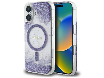 55074 guess hardcase resin bottom glitter magsafe guhmp16srgrgeu tvrde puzdro s glitrovou zivicovou spodnou castou a magsafe pre iphone 16 fialove