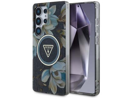 55521 guess iml metal glitter flowers triangle magsafe guhms25lhflpedk ochranny kryt s kovovym logom trblietavymi kvetmi a magsafe pre samsung galaxy s25 ultra cierny