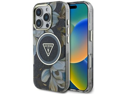 58464 guess iml metal glitter flowers triangle magsafe kryt pre iphone 16 pro cierny