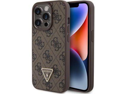 55512 guess leather 4g triangle strass guhcp15lp4tdpw kozeny ochranny kryt s 4g trojuholnikovym logom a kamienkami pre iphone 15 pro hnedy