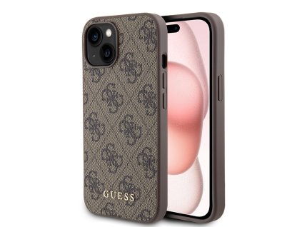 45045 guess pevny kryt 4g s kovovym zlatym logom na iphone 15 guhcp15sg4gfbr hnedy