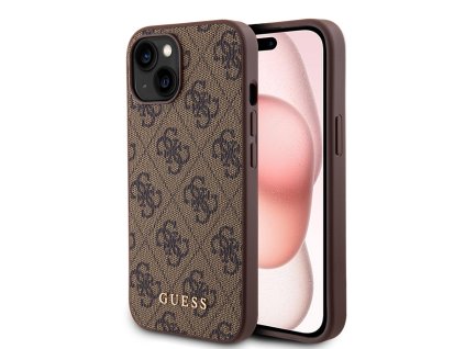46470 guess pevny kryt 4g s kovovym zlatym logom na iphone 15 plus guhcp15mg4gfbr hnedy