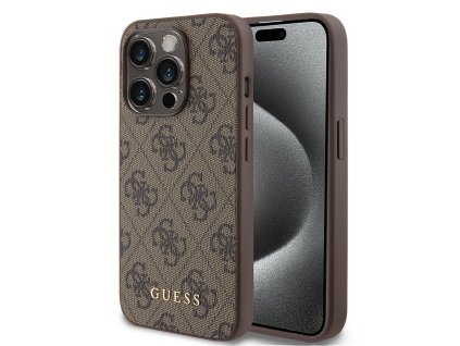 44982 guess pevny kryt 4g s kovovym zlatym logom na iphone 15 pro guhcp15lg4gfbr hnedy