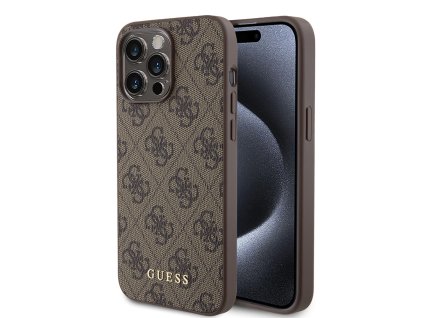 45060 guess pevny kryt 4g s kovovym zlatym logom na iphone 15 pro max guhcp15xg4gfbr hnedy