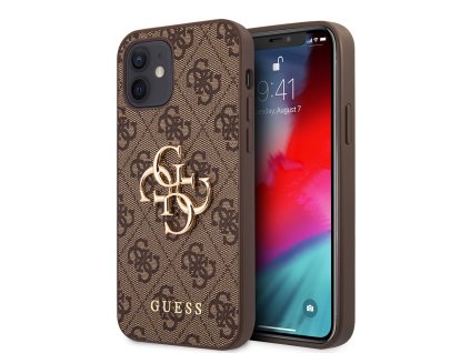 46743 guess pevny kryt 4g s velkym kovovym logom na iphone 12 iphone 12 pro guhcp12m4gmgbr hnedy