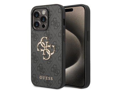 46689 guess pevny kryt 4g s velkym kovovym logom na iphone 15 pro max guhcp15x4gmggr sivy