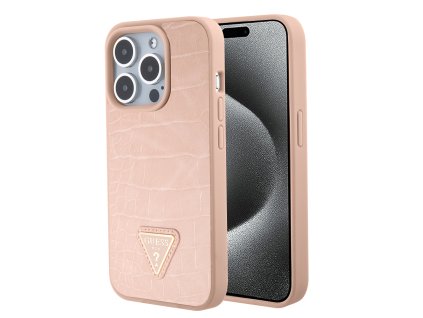 44502 guess puzdro s krokodilim vzorom a kovovym trojuholnikovym logom na iphone 15 pro guhcp15lpcrthcp ruzove