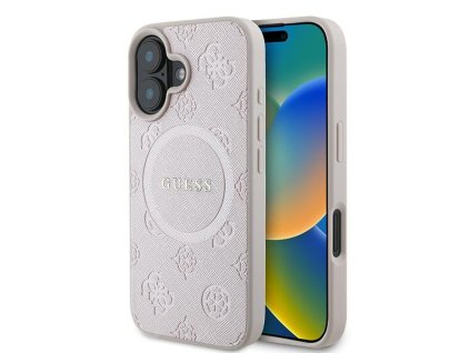 44592 guess saffiano pivonkovy kryt s klasickym logom a magsafe na iphone 16 plus guhmp16mpsapsmep ruzovy