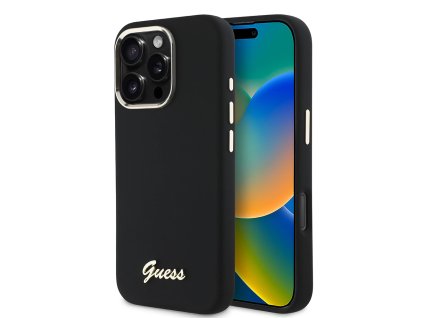 54984 guess silicone script metal logo frame guhcp16lsmbslk silikonovy ochranny kryt s kovovym script logom a ramom pre iphone 16 pro cierny