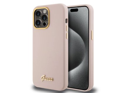 43107 guess silikonovy kryt s kovovym logom script ramom na iphone 15 pro guhcp15lsmbslp svetloruzovy