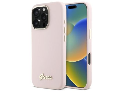 45897 guess silikonovy kryt s kovovym logom script ramom na iphone 16 pro max guhcp16xsmbslp svetloruzovy