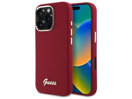 45903 guess silikonovy kryt s kovovym logom script na iphone 16 pro guhcp16lsmbslm cerveny