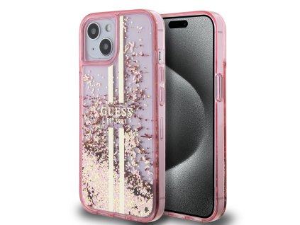 44886 guess trblietavy kryt so zlatymi pruhmi a tekutinou na iphone 15 guhcp15slfcsegp ruzovy