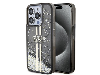 44907 guess trblietavy kryt so zlatymi pruhmi a tekutinou na iphone 15 pro guhcp15llfcsegk cierny